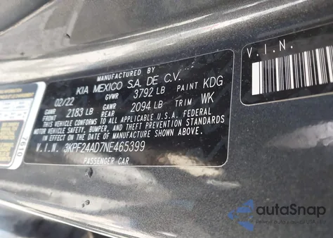 2022 Kia Forte Lxs z USA, uszkodzony, nr VIN 3KPF24AD7NE465399